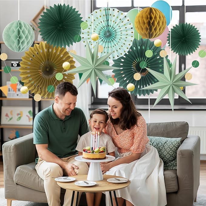 ADLKGG Sage Green Party Decorations, Hanging Paper Fans Circle Garland Paper Lanterns St Patrick's Day Party Supplies, Sage Green Themed Graduation Birthday Wedding Bridal Neutral Baby Shower Decor