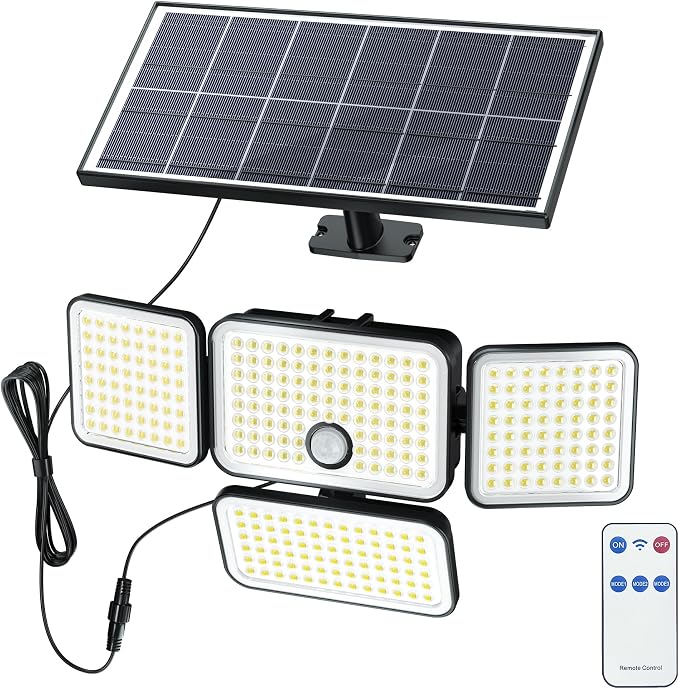 SUPERDANNY Solar Lights Outdoor Remote Control with 16.4ft Cable 1 Pack | 3 Modes 4-Head Motion Sensor Outdoor Flood Lights Dusk to Dawn, IP65 Waterproof, Solar Lights for Garden Barn Porch