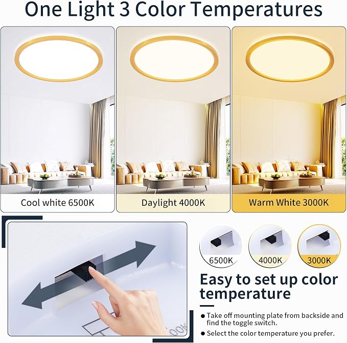 MOONSEA 20 Inch Flush Mount LED Ceiling Light Fixture 42W Golden | Adjustable 3000K/4500K/6000K, 4200LM Bright Kitchen Light Fixture, 10-100% Brightness Adjustable, 0.98in Low Profile