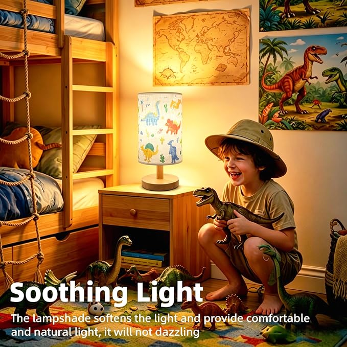 Dinosaur Lamp for Kids Bedrooms Bedside,Dinosaur Room Decor for Boys, 3-Way Dimmable LED Small Night Light with Linen Fabric Lampshade and Wood Base for Bedrooms Living Study,Dino Gifts for Boys