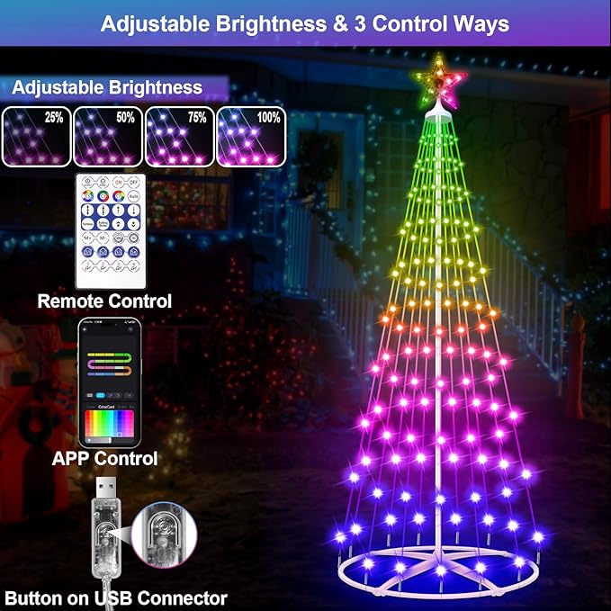 4FT 130LED Smart Christmas Tree Lights, USB Powered Christmas Cone Tree Lights with App Control, Color Changing DIY Music Sync & Timer Outdoor Christmas Tree for Yard Front Porch Xmas Decoration