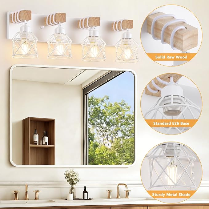 FadimiKoo 4-Light Farmhouse Vanity Lights for Bathroom, White Wood Bathroom Light Fixtures Over Mirror, Rustic Vanity Lights with Metal Shade, Bathroom Lighting for Living Room, Bedroom, Hallway