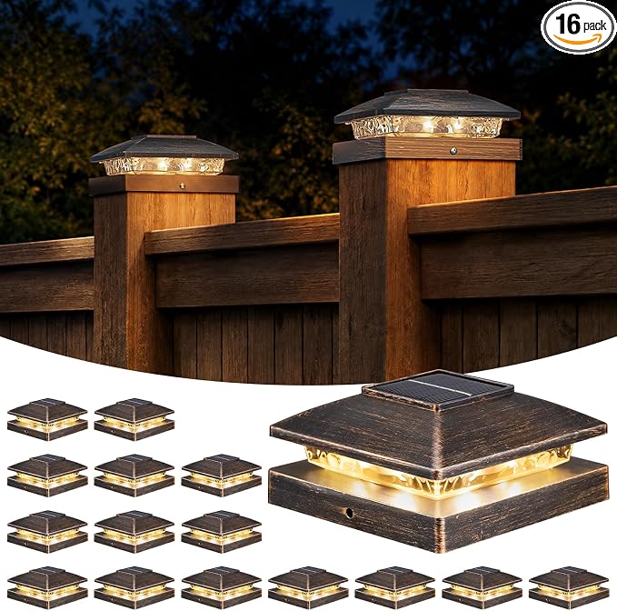 APONUO Solar Post Cap Lights for 4x4 Posts - IP64 Waterproof, Warm White, Wireless Fence Lights & Deck Lights for Patios, Gardens, and Yards, Brushed Copper, 16 Pack
