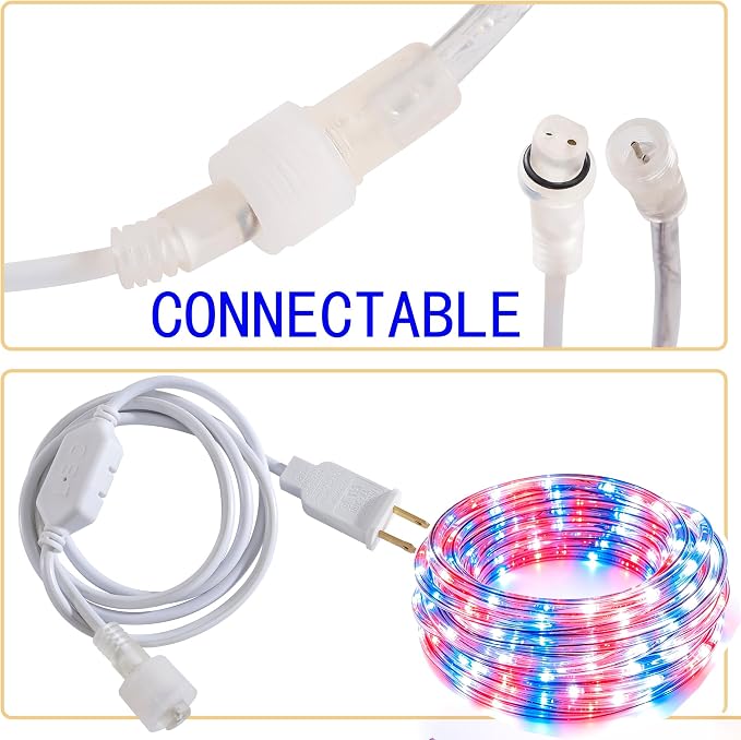 50ft Red/Blue/White Rope Lights,Connectable for Indoor & Outdoor,110V Flexible Tube Lights,Waterproof LED Rope Lighting for Outside,Deck,Patio,Pool, Camping,Bedroom Decor,Landscape Lighitng