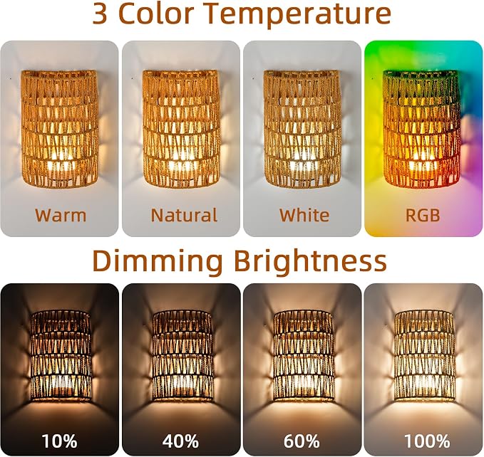 Battery Operated Rattan Wall Sconces Set of Two, Cordless RGB | Handwoven boho wicker set of 2, 100% wireless battery operated, 15 RGB colors with remote, renter friendly multi-scene light