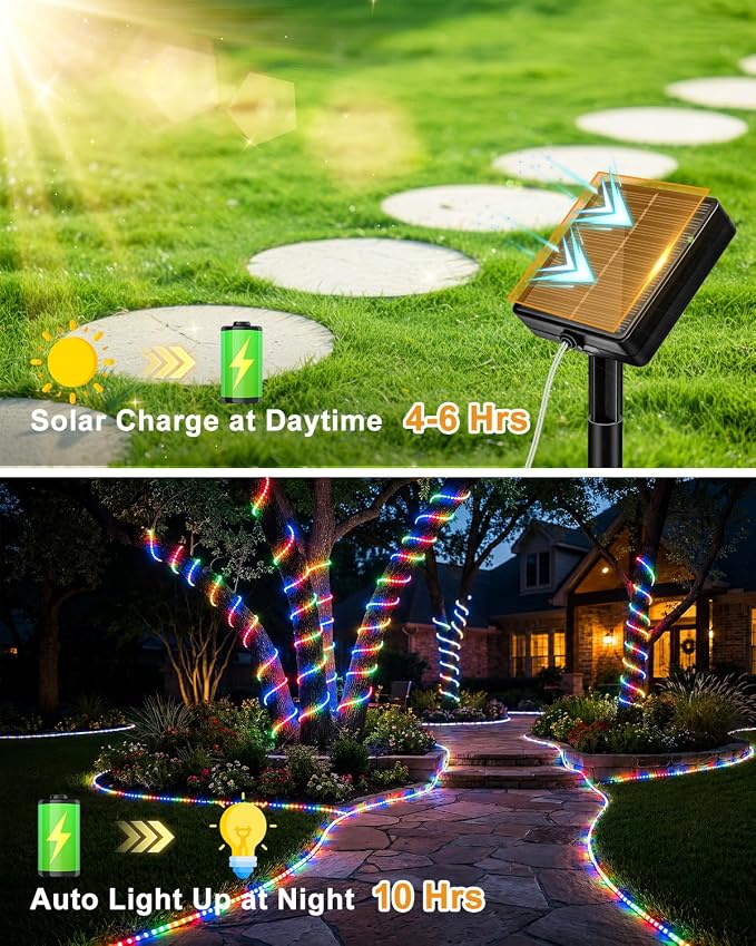 btfarm Solar Rope Lights, 120LED 46FT String Lights Outdoor Waterproof | 2 Pack 8 Modes, Timer Memory Function, Tube Trampoline lighting for Outside Garden Tree Christmas Yard Patio Decor,Multicolor