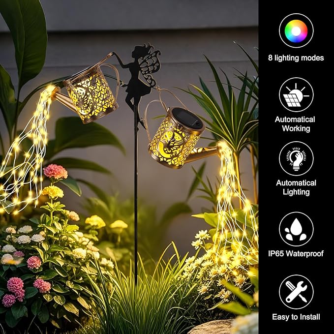 ZKLiLi Solar Fairy Hummingbird Watering Can Lights Outdoor, Waterproof Garden Decor with one Pole Two Light - Hanging Patio Lawn Pathway Gift for Backyard,Lawn,Patio Gifts for Mom Grandma Women