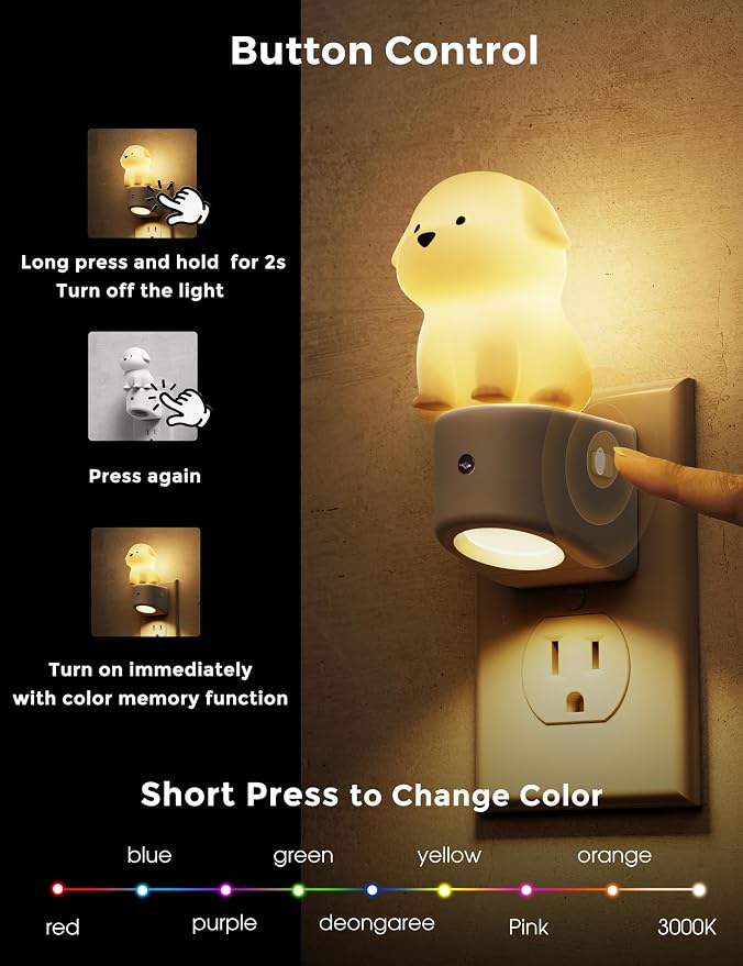 L LOHAS LED Plug in Night Light for Kids, 3D Cute Puppy Night Lights | Dusk to Dawn Sensor, RGB+Soft White 3000K Dog Night Light, Birthday Gift Nightlight for Kids, Room Decor