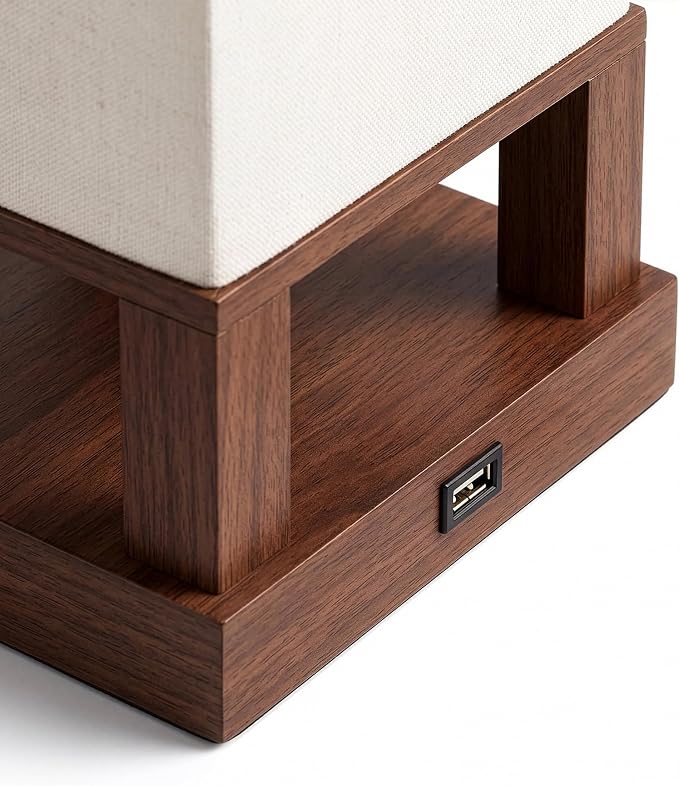 Brightech Maxwell Bedside Lamp with USB Port – Compact Table Lamp for Bedroom, Living Room - Modern Asian Nightstand Lamp with Wood Frame - LED Bulb, Soft Light - Havana Brown