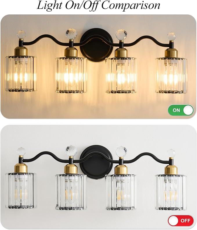 Black&Gold Bathroom Vanity Light Fixtures Over Mirror,4-Light Crystal Bathroom Light Fixtures,Vanity Light Fixtures Over Mirror,Wall Sconce with Clear Crystal Glass Shade, Kitchen, Living Room