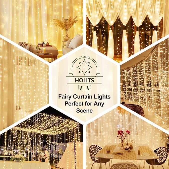 Fairy Curtain Lights Upgraded Tangle-Free Warm White USB Plug in 8 Modes String Hanging Lights with Remote for Christmas, Bedroom, Indoor, Outdoor, Weddings, Party (6.6FTx6.6FT)