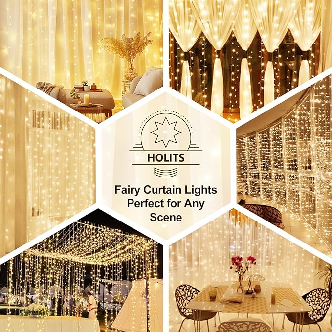 300 LED Fairy Curtain Lights, 9.8 x 9.8FT Warm White USB Plug in 8 Modes Hanging Lights with Remote for Christmas, Bedroom, Indoor, Outdoor, Weddings, Party (Warm White)