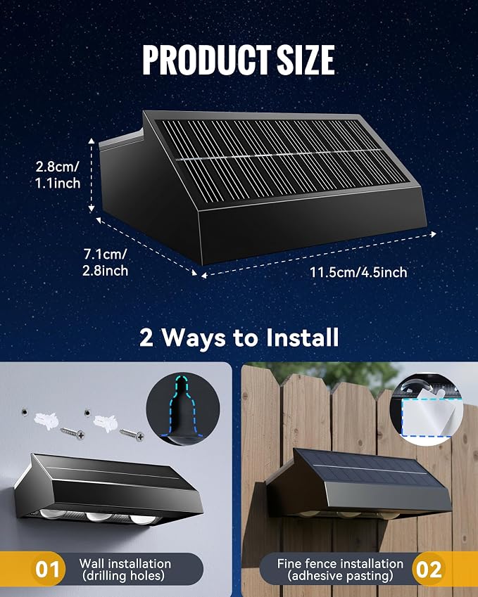 Solar Fence Lights Outdoor Waterproof 12 Pack, 3 Modes 3000K/4500K/6000K | 6 LEDs Up and Down Fence Lights Solar Powered for Outside, Deck Lighting for for Backyard/Garden/Patio/Garage Wall Decor
