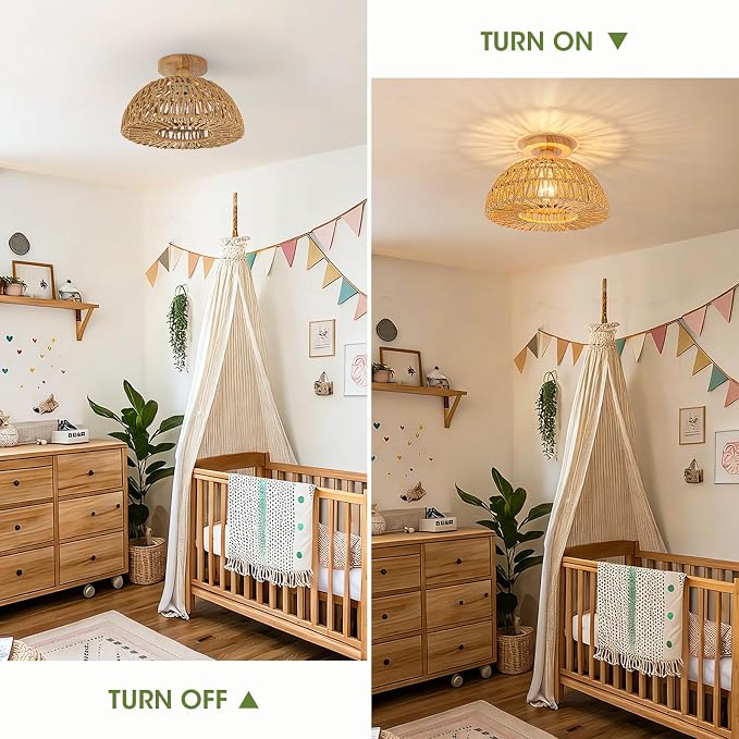 Boho Ceiling Light Fixtures,Rattan Light Fixture,Small Boho Chandelier Hand Woven Ceiling Light with Wooden Base,Rattan Flush Mount Ceiling Lights for Bedroom Hallway Kitchen Entryway Nursery