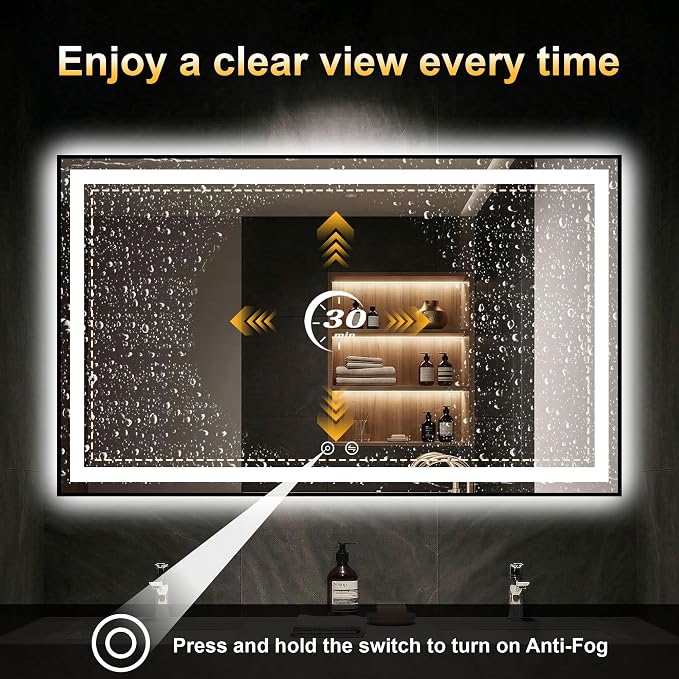 LED Bathroom Mirror with Light, 30x50 Vanity Mirror for Wall with Frame | Anti-Fog, Dimmable 3 Colors, Memory Function, Backlit and Front Lit, Shatter-Proof Glass, Plug-in/Hardwired