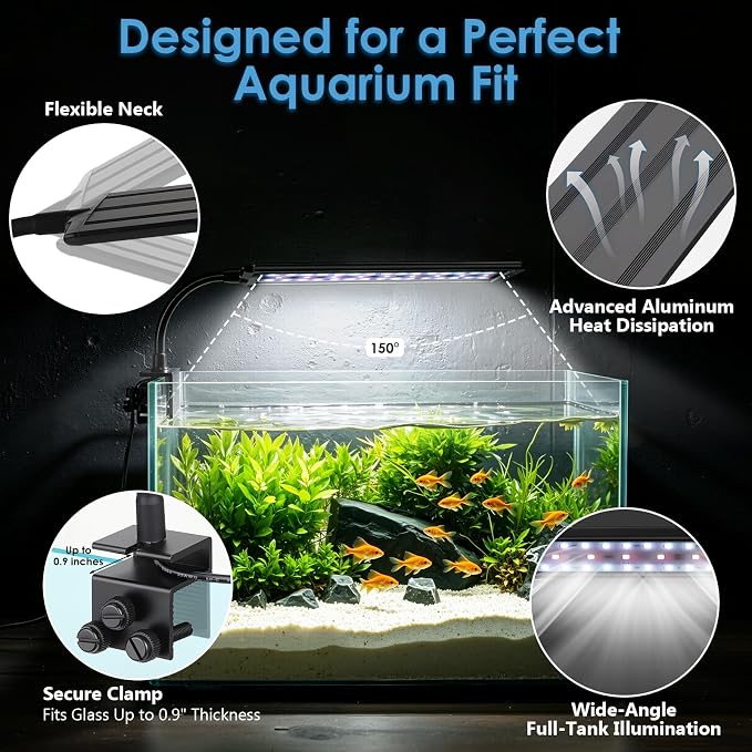 AQQA Clip On Aquarium Light for Plants Full Spectrum Fish Tank Light | with 24/7 Natural Mode & DIY RGBW Mode, 6 Timer Settings, 9 Color Options & 10 Dimmable Levels (12W for 7.9"-11.8" Tank)