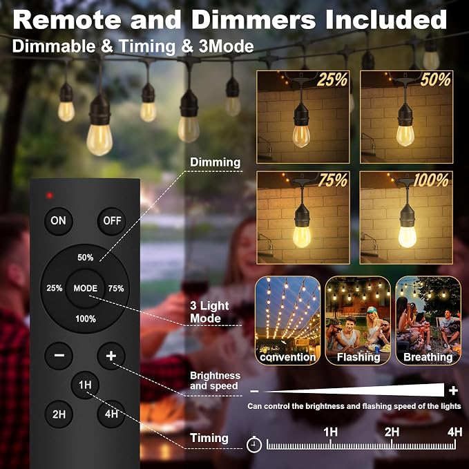 100FT Outdoor String Light 64Bulbs (1.5FT Bulbs Spacing),120W Dimmer Remote | Patio Lights with IP65 Waterproof, Dimmable & Timing & 3 Mode, Connectable, Zipper Ties for Outside Commercial Backyard