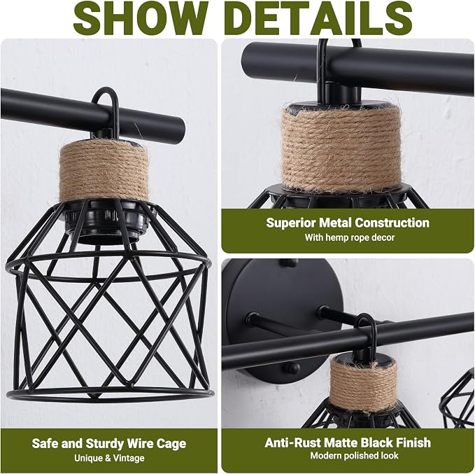 3-Light Farmhouse Bathroom Vanity Light Fixtures Over Mirror, Matte Black Vanity Lights with Metal Cage Lampshade, Vintage Bathroom Sconces Wall Lighting for Living Room Bedroom Hallway Cabinet