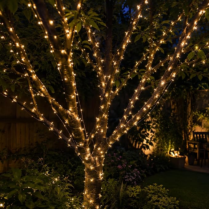 100FT 300 LED Solar Fairy Lights Outdoor Waterproof, Warm White | 8 Modes Solar Copper Wire Twinkle Lights with 6.5FT Lead Wire, Auto On/Off for Patio, Garden, Tree, Fence & Christmas Decor
