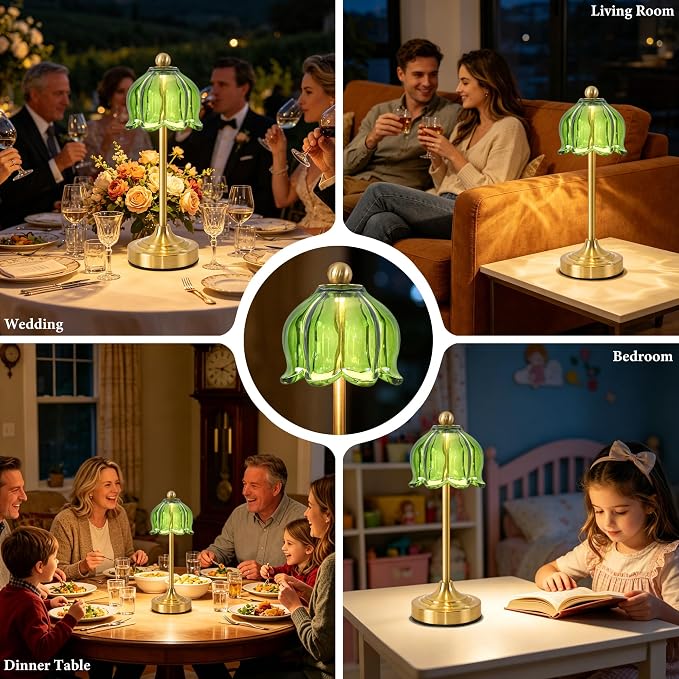 Set of 2 Vintage Cordless Green Glass Tulip Table Lamps, Accent Light