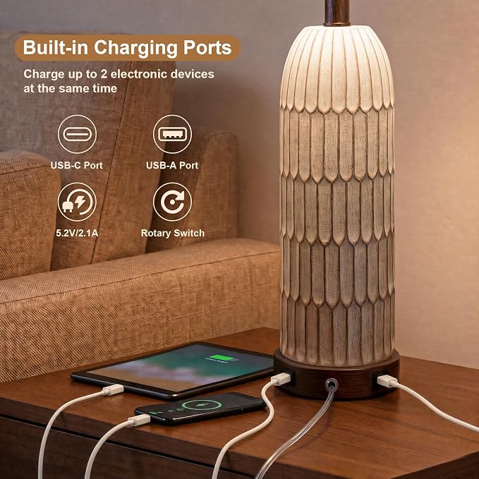 22" Bedside Table Lamps Set of 2, Farmhouse Lamp with USB,Dark Brown | Vintage Nightstand Lamp for Bedroom, Retro Design, Home decor for living Room, Nursery, Home Office, End Side table, Hallway