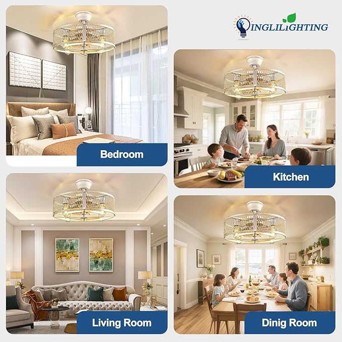 DLLT Caged Ceiling Fans with Lights: 20" Farmhouse Fandelier Ceiling Fan with Light and Remote Smart APP - Cement Industrial Chandelier Fan Light Rustic Fans for Bedroom Living Dining Room Kitchen