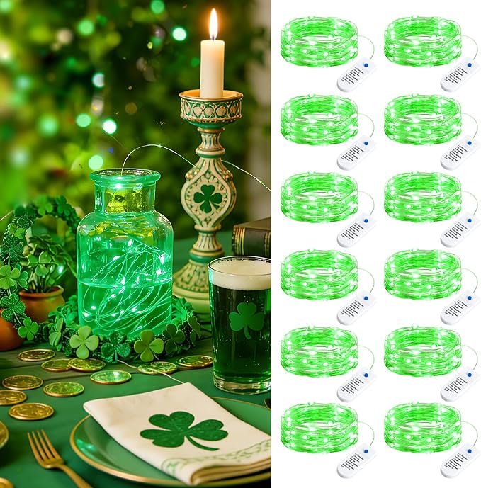 Minetom 12 Pack Green Christmas Lights, St Patricks Day Lights, 7ft 20 LED Fairy Lights Battery Operated String Lights, St Patricks Day Decorations, 8 Modes Waterproof Silver Wire Twinkle Lights