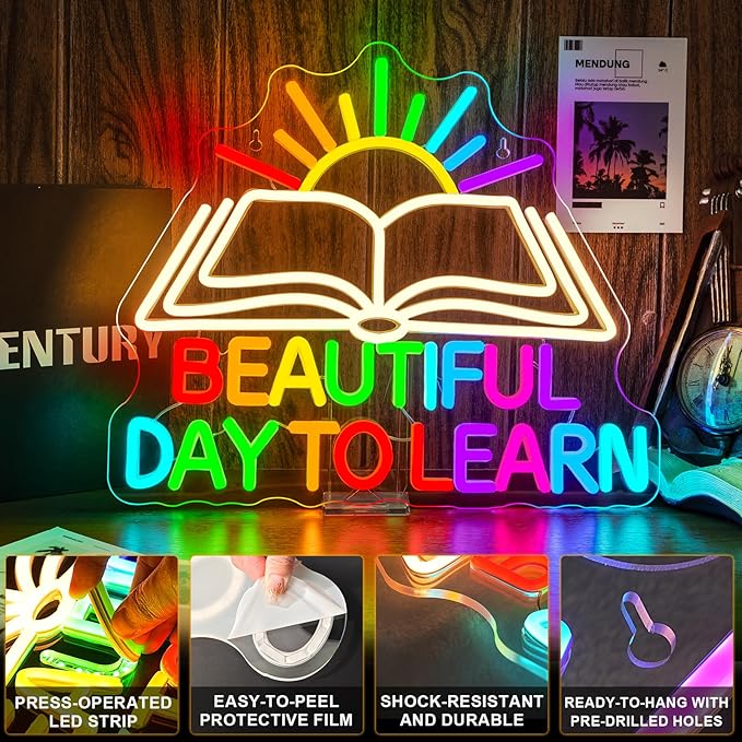 Beautiful Day Neon Sign To Learn Study Neon Signs for Classroom Wall Decor Rainbow LED Lights Up Classroom Bedroom in Reading Corner Decor Library LED Sign Study Office Gifts for Teens