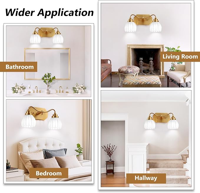 Vintage Gold Vanity Lights, 2 Light Milk White Tulip Crystal | Antique Brass Finish, Brushed Gold Bathroom Light Fixtures, Wall Sconce Ideal for Bedroom, E26 Compatible, Easy Install