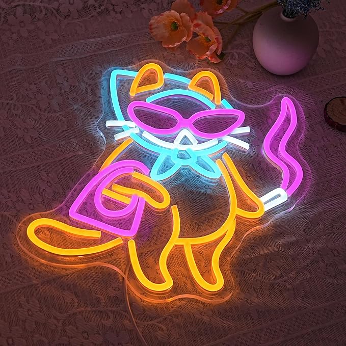 Cat Neon Sign for Wall Decor, Cool Cat Neon Light Wall Art with Dimmable Switch,USB Powered Cool Lady LED Light Up Sign Neon for bedroom,Bar, Living Room,Pet Shop Decor
