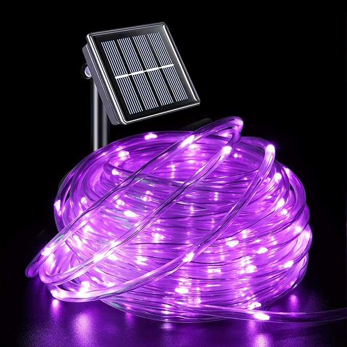 YEGUO Solar Rope Light Outdoor Waterproof, 66ft 200 LED Purple String Lights, 8 Modes Tube Christmas Lights in Clear Thin Tube