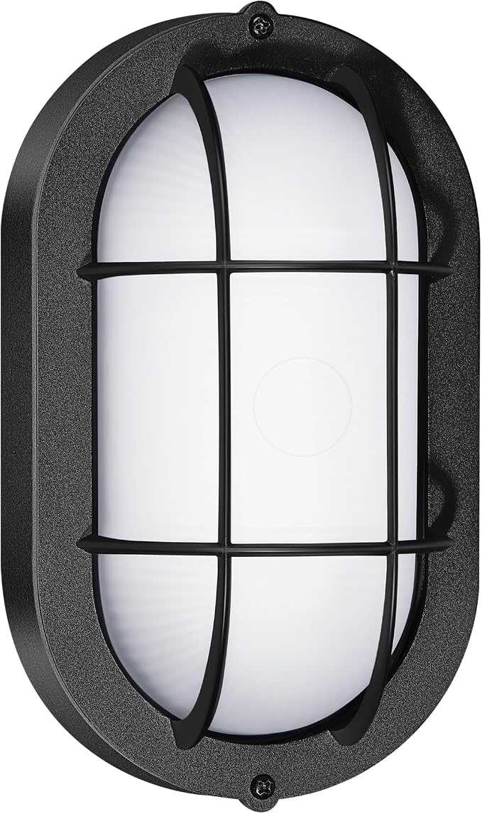GRUENLICH LED Bulkhead Light Fixture, Aluminum Outdoor Wall Lantern, 8.5" | Oval Exterior Porch Light Wall Sconce for House Walkway Nautical Sauna, Dimmable 6W 600 Lumen, Glass, 5000K, Black, 1 Pack