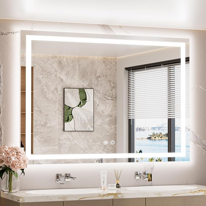 LED Bathroom Mirror with Lights 48 x 36 Brighter Light up Mirror for Bathroom Vanity, Front and Backlit Lighted Antifog Mirror Wall Mounted, 3-Color Dimmable, Waterproof, Tempered Glass