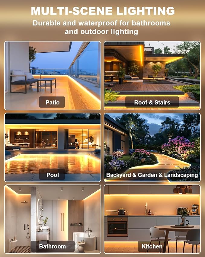 100FT COB Led Outdoor Strip Lights Waterproof IP68 | 24V 2700K Warm White Outdoor Led Strip with APP and Remote Control, Suitable for Eaves, Garden, Pool, Terrace, Bathroom