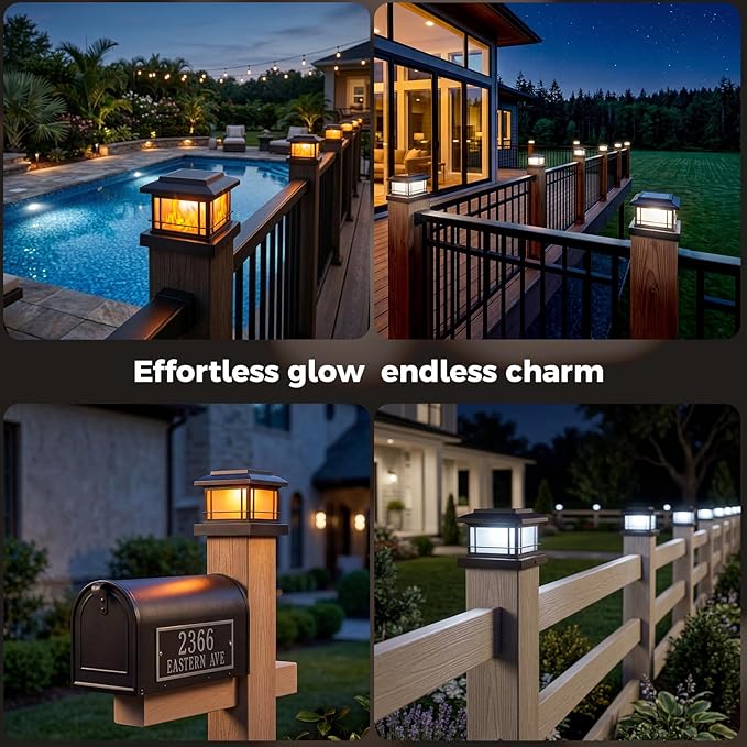 JOFIOS Flickering Flame Solar Post Cap Lights Outdoor, Black Post Lights with 3 Color Temperature, Fits 3.5" 4" 4.5" 5" Wood/Vinyl Posts, IP64 Waterproof Fence Deck Lights for Garden Patio Yard 4 Pack