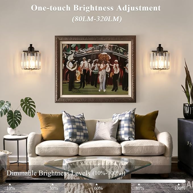 BELS 8 Inch Battery Operated Wall Sconces Set of 2, Farmhouse Black Wall Lights Fixture with Crystal Shade, 3 Colors Temperature, Remote Control, Dimmable, Wall Sconces for Mirror, Bathroom, Bedroom