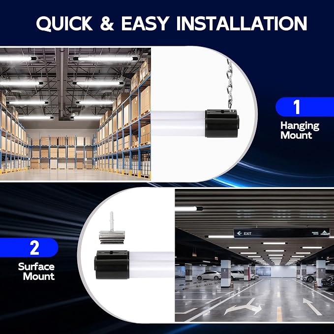 hykolity LED Shop Lights 4FT,60W(350W Equivalent),6500LM,5000K | Linkable Shop Light Plug and Play with Hanging/Surface Mount Kit,Shop Lights for Garage,Workshop,Warehouse,Black,4 Pack