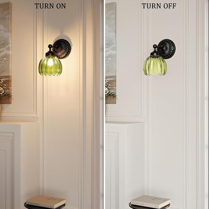 Battery Operated Wall Sconce, Vintage Wall Light, 2 Pack, Green Tulip Glass | Black Metal Base, 5200mAh Rechargeable, Dimmable LED, Remote Control, Cordless, Bedside, Bedroom, Doorway, Living Room