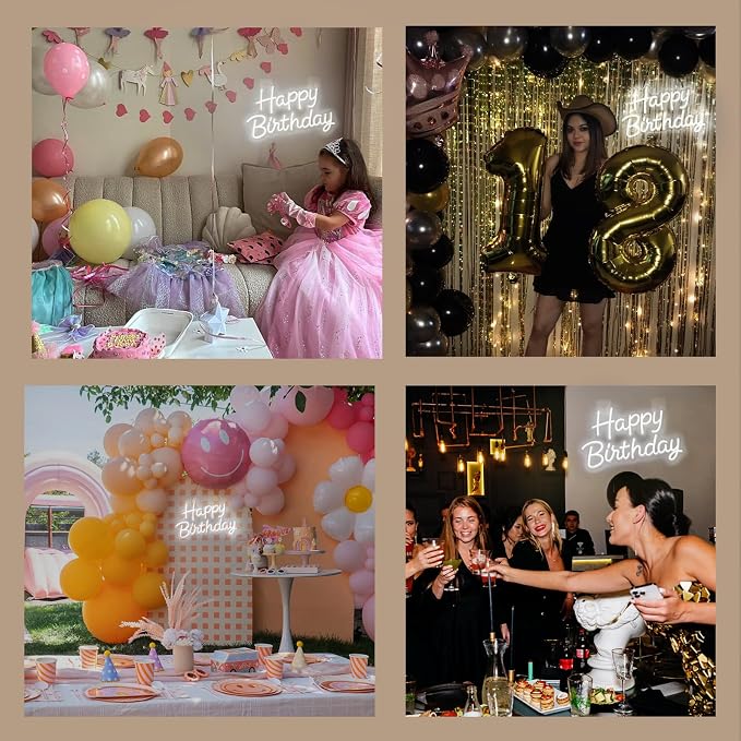 Happy Birthday Neon Sign with Dimmable, 15.5x9.7 Inch Happy Birthday LED Neon Light for Wall Decor, LED Up Light with USB Powered for All Birthday Party Decoration, Backdrop Wall (White)