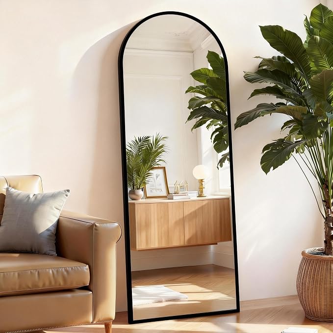 Arched Full Length Floor Mirror, 15.75"x59" Body Wall Mirror Stand | Shatter-Proof Nano Glass, Tall Standing, Hanging or Leaning, Aluminum Alloy Frame for Bedroom, Modern Home Decor, Black
