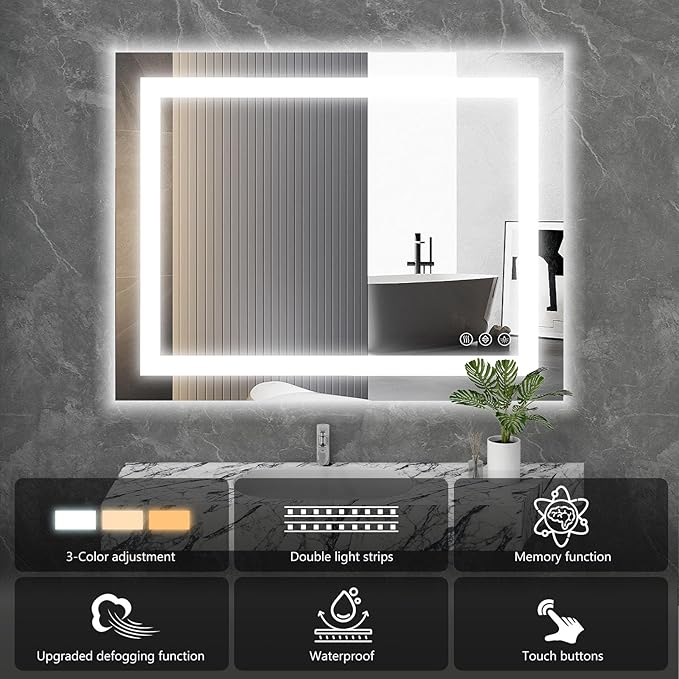 NEWBULIG 24X36 Inch LED Bathroom Wall Mirror with Lights, Light up Vanity Bathroom Mirror for Over Sink, Anti-Fog and Dimmable, Front Light and Backlit, Memory Function, Shatter-Proof, White
