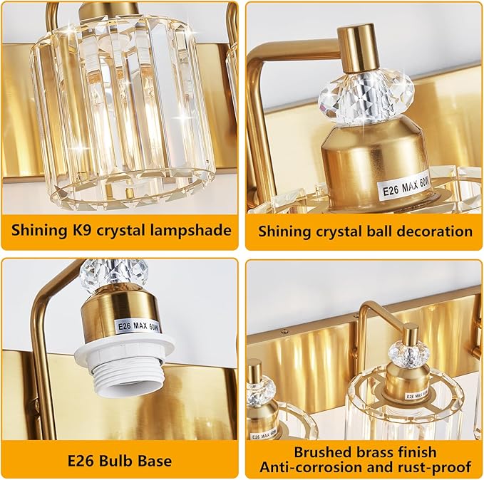 5-Light Modern Vanity Lights Brushed Brass Bathroom Light Fixtures Over Mirror Gold Bathroom Vanity Lighting with Crystal Shade E26 Base Wall Sconce for Bedroom Living Room Restroom Wall Lamp