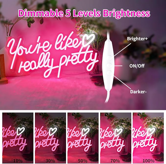 You're Like Really Pretty Neon Sign - USB Powered Pink LED Light for Girls | for Women Teen Girlfriend, Bedroom Wall, Spa Nails Bar Lounge Room Decor, Gifts, Dimmable, Soft, Easy Hanging Install, 16.5in