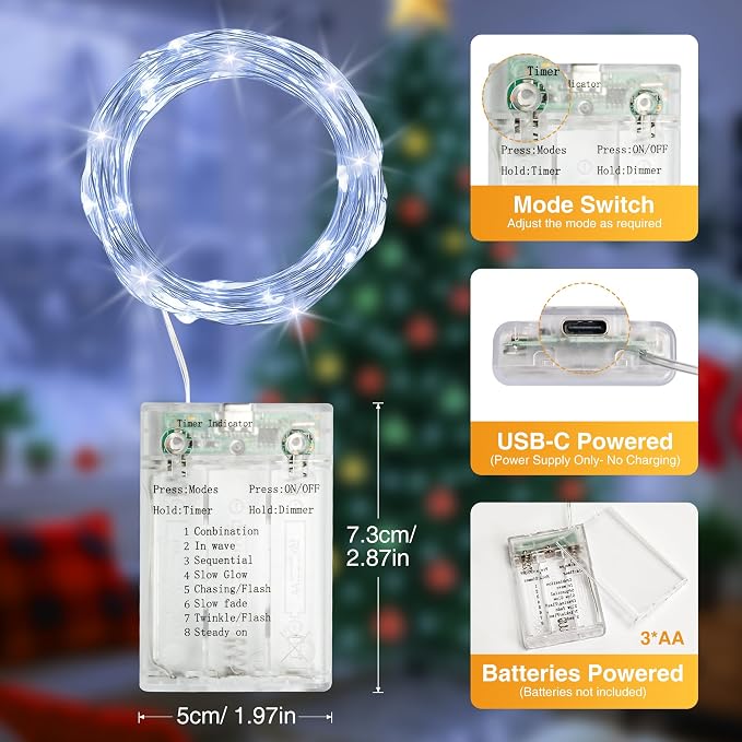 8 Pack 16FT 50 LED Fairy Lights Battery Operated with Timer, 8 Modes USB Mini Twinkle Light, Small String Lights for Wreath Vase Bedroom DIY Wedding Party Decorations-Cold White