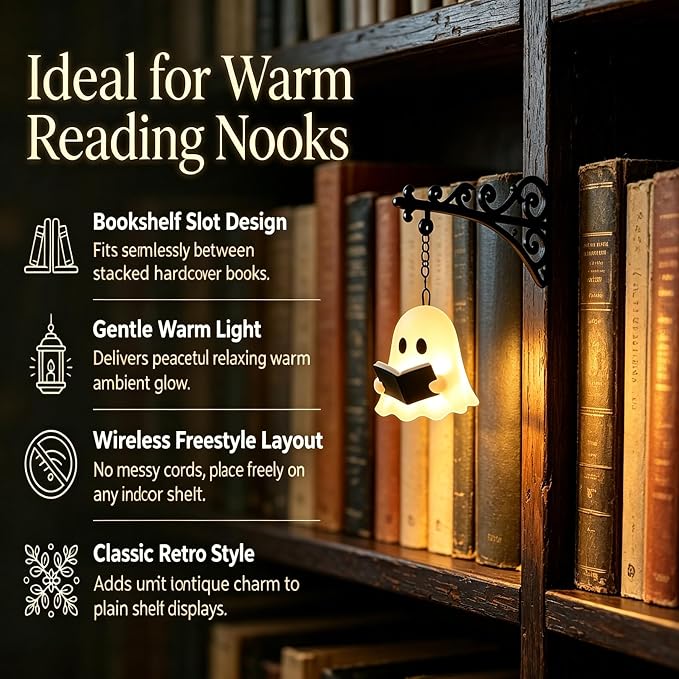 Library Lantern Bookshelf Lamp, Ghost Bookshelf Lantern with Warm LED Nightlight, Mini Nook Light for Bookshelf, Decorative Table Desk Luminaire, Halloween Bookshelf Decor for Book Lovers