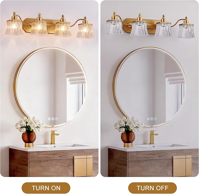 Gold Bathroom Light Fixtures, 4-Light Bathroom Vanity Light with Crystal Glass Shade, Matte Antique Gold Finish Vintage Vanity Light, Brushed Gold Vanity Lights for Bathroom, Bedroom, Hallway