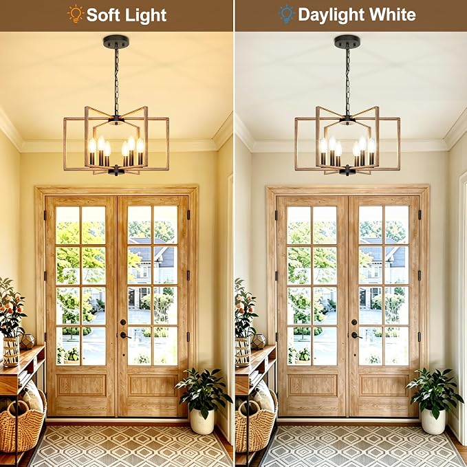 6 Light Rustic Chandelier, Dining Room Light Fixture, Brushed Rustic Wood | Metal Geometric Pendant Light with E12 base, Farmhouse Ceiling Hanging Light Fixture for Dining Room Kitchen Island Entryway