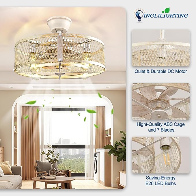 DLLT Caged Ceiling Fans with Lights: 20" Farmhouse Fandelier Ceiling Fan with Light and Remote Smart APP - Cement Industrial Chandelier Fan Light Rustic Fans for Bedroom Living Dining Room Kitchen