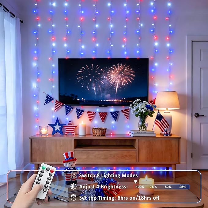 JMEXSUSS 200 LED Red White and Blue Curtain Lights, 6.5ft x 6.5ft | 4th of July Lights USB Plug in, 8 Modes Patriotic Hanging String Lights with Remote for Memorial Day Independence Day Decor