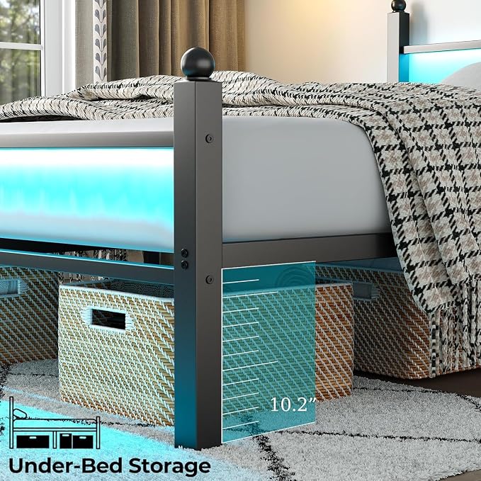 CollaredEagle Queen Bed Frame with LED Lights and Charging Station, Black | Queen Size/ Metal Frame/ Built-in Charging Station/ RGB LED Lights/ Noise-Free/ 10.8 inch Under-Bed Storage